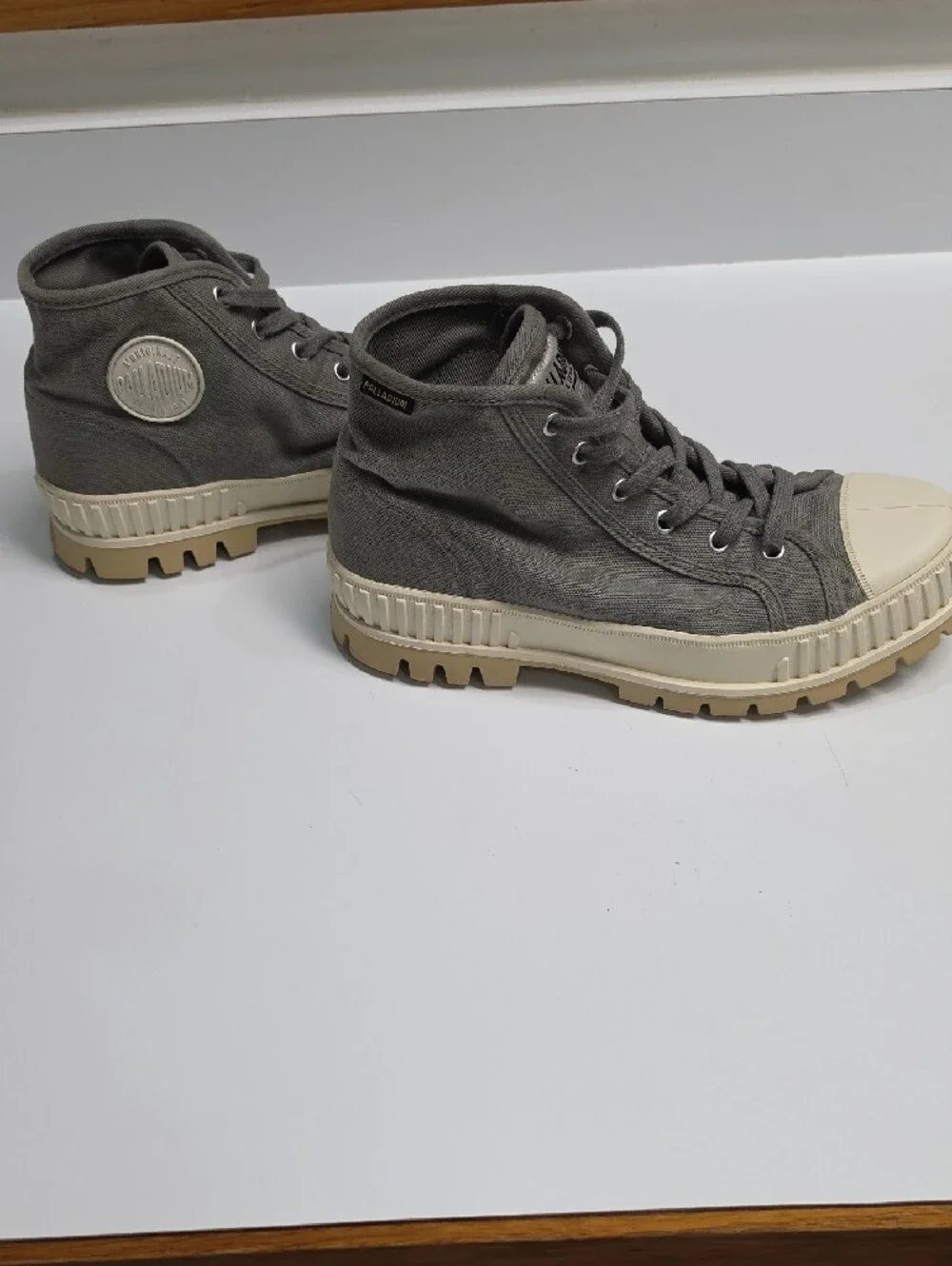 Palladium Charcoal Canvas High-Top Sneaker with Cream Sole - Size 10W or 8.5M